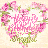 A stunning heart made of pink roses surrounds the elegant script text 'Happy Birthday Saraid' on a soft beige background. Animated sparkles add a magical and festive feel.