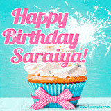 A festive cupcake with pink icing, a gingham bow, and a lit animated sparkler, paired with 'Happy Birthday Saraiya!' in bright pink text.