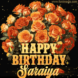 Animated bouquet of orange roses with moving butterfles and golden 'Happy Birthday Saraiya' text, surrounded by sparkling accents and a dark backdrop for a luxurious feel.