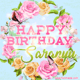 A charming animated GIF featuring 'Happy Birthday Saranyu' in pink and green text, surrounded by delicate roses, leaves, and fluttering butterflies on a soft light blue pastel background.