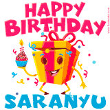 A vibrant and funny gift box character with a happy face dancing with a cupcake and the text 'Happy Birthday Saranyu,' surrounded by animated confetti and party vibes.