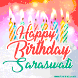 Bright birthday candles with rainbow flames on a cake, alongside the text 'Happy Birthday Saraswati' in vibrant script in this celebratory animated GIF.