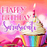 A vibrant birthday GIF featuring a rainbow-colored cupcake topped with white frosting, sprinkles, and a lit candle. The text reads 'Happy Birthday Saraswati' in bold pink and violet letters with white outline.