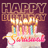 A colorful birthday cake topped with lit candles, with the words 'Happy Birthday Saraswati' in bold glowing letters on a burgundy background. Animated flames add a festive touch.
