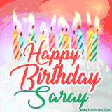 Bright birthday candles with rainbow flames on a cake, alongside the text 'Happy Birthday Saray' in vibrant script in this celebratory animated GIF.