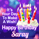 A colorful birthday GIF for Saray featuring a cupcake with vibrant lit candles and the text 'It's Your Day to Make a Wish! Happy Birthday Saray' in bold letters on a festive purple background.