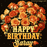 Animated bouquet of orange roses with moving butterfles and golden 'Happy Birthday Saray' text, surrounded by sparkling accents and a dark backdrop for a luxurious feel.