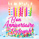 A white birthday cake covered in colorful sprinkles, topped with bright candles, and French text 'Bon Anniversaire Sarayah' on a pastel gradient background in an animated GIF.