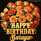 Animated bouquet of orange roses with moving butterfles and golden 'Happy Birthday Sarayu' text, surrounded by sparkling accents and a dark backdrop for a luxurious feel.