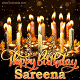 A glowing personalized birthday GIF with name Sareena featuring lit candles with intricate designs, warm lighting, and the text 'Happy Birthday' in an elegant font.