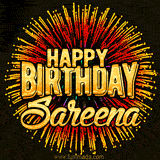 Golden 'Happy Birthday Sareena' text accompanied by animated rainbow fireworks for a festive animated greeting.