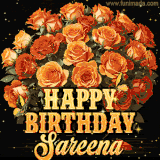 Animated bouquet of orange roses with moving butterfles and golden 'Happy Birthday Sareena' text, surrounded by sparkling accents and a dark backdrop for a luxurious feel.