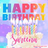 A vibrant animated name GIF with the words 'Happy Birthday Sareena' with colorful candles on a creamy cake. The background sparkles with pastel shades, adding a festive touch.