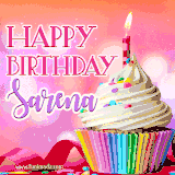 A vibrant birthday GIF featuring a rainbow-colored cupcake topped with white frosting, sprinkles, and a lit candle. The text reads 'Happy Birthday Sarena' in bold pink and violet letters with white outline.