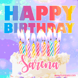 A vibrant animated name GIF with the words 'Happy Birthday Sarena' with colorful candles on a creamy cake. The background sparkles with pastel shades, adding a festive touch.