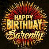Golden 'Happy Birthday Sarenity' text accompanied by animated rainbow fireworks for a festive animated greeting.
