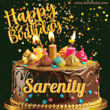 A delightful chocolate birthday cake with bright candles and 'Happy Birthday Sarenity' written in gold amidst a shower of animated stars.