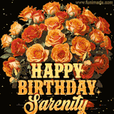 Animated bouquet of orange roses with moving butterfles and golden 'Happy Birthday Sarenity' text, surrounded by sparkling accents and a dark backdrop for a luxurious feel.