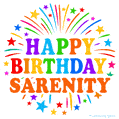 Happy Birthday Sarenity' GIF with rainbow-colored letters, colorful stars, and fireworks on white background.