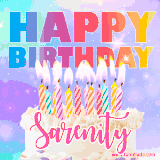 A vibrant animated name GIF with the words 'Happy Birthday Sarenity' with colorful candles on a creamy cake. The background sparkles with pastel shades, adding a festive touch.