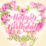 A stunning heart made of pink roses surrounds the elegant script text 'Happy Birthday Sarenity' on a soft beige background. Animated sparkles add a magical and festive feel.