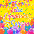 A bright and festive GIF with the text 'Feliz Cumpleaños Sargun' in Spanish in colorful fonts, surrounded by confetti, balloons, and festive banners on a vibrant yellow background.