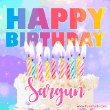 A vibrant animated name GIF with the words 'Happy Birthday Sargun' with colorful candles on a creamy cake. The background sparkles with pastel shades, adding a festive touch.