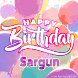 A vibrant name GIF featuring colorful balloons in shades of pink, orange, and yellow with the bold text 'Happy Birthday Sargun' in festive fonts, creating a lively birthday vibe.