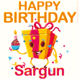 A vibrant and funny gift box character with a happy face dancing with a cupcake and the text 'Happy Birthday Sargun,' surrounded by animated confetti and party vibes.