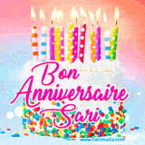 A white birthday cake covered in colorful sprinkles, topped with bright candles, and French text 'Bon Anniversaire Sari' on a pastel gradient background in an animated GIF.