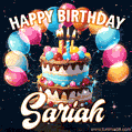 Hand-drawn happy birthday cake adorned with an arch of colorful balloons - name GIF for Sariah