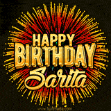 Golden 'Happy Birthday Sarita' text accompanied by animated rainbow fireworks for a festive animated greeting.