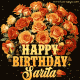 Animated bouquet of orange roses with moving butterfles and golden 'Happy Birthday Sarita' text, surrounded by sparkling accents and a dark backdrop for a luxurious feel.