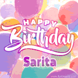 A vibrant name GIF featuring colorful balloons in shades of pink, orange, and yellow with the bold text 'Happy Birthday Sarita' in festive fonts, creating a lively birthday vibe.