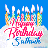 A cheerful animated GIF featuring colorful lit birthday candles on a white cake, with the text 'Happy Birthday Sathvik' in bold red and blue script on a bright blue background.