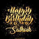 Animated GIF with colorful, festive 'Happy Birthday Sathvik' text decorated with patterns, a party hat, and falling confetti. A vibrant and cheerful design for birthday celebrations.