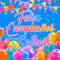 A vibrant animated GIF with 'Feliz Cumpleaños Sathvik' written in colorful script, surrounded by balloons, confetti, and bunting on a bright blue background.