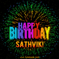 A colorful animated GIF featuring the text 'Happy Birthday Sathvik!' in rainbow colors with a dynamic iridescent firework display in the background.