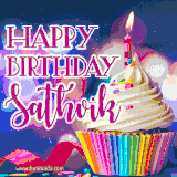A festive animated GIF featuring a colorful cupcake with a single lit candle, sprinkles, and 'Happy Birthday Sathvik' text against a sparkling, celebratory background.