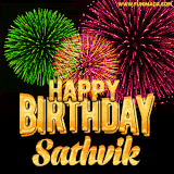 A captivating GIF with bursts of green, pink, and orange fireworks lighting up the night sky, accompanied by 'Happy Birthday Sathvik' in glowing golden text.