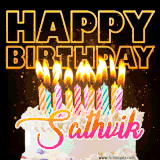A vibrant animated GIF featuring a delicious birthday cake topped with glowing candles and the name 'Sathvik' in elegant script, and the words 'Happy Birthday' on the black background.