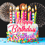 A lively happy birthday animated GIF showcasing a colorful birthday cake covered in sprinkles, topped with glowing candles, and surrounded by vibrant fireworks. The name 'Sathvik' is featured in elegant script.