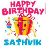A funny animated birthday GIF with the words 'Happy Birthday Sathvika', colorful gift box with arms and legs, holding a cupcake with a lit candle  with confetti everywhere.
