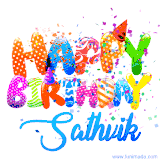 Animated GIF with colorful, festive 'Happy Birthday Sathvik' text decorated with patterns, a party hat, and falling confetti. A vibrant and cheerful design for birthday celebrations.