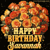 Animated bouquet of orange roses with moving butterfles and golden 'Happy Birthday Savannah' text, surrounded by sparkling accents and a dark backdrop for a luxurious feel.
