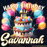 Bright birthday animation for Savannah with a chocolate cake, candles, balloons, and glowing celebratory lights.