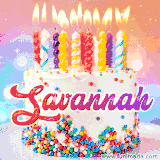 A cheerful white birthday cake with multicolor sprinkles, lit candles, and 'Savannah' written in vibrant letters, in an animated GIF.