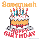 Cartoon birthday cake with a red bow, glowing candles, and 'Savannah Happy Birthday' text in bold animated style.