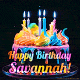 A mesmerizing animated cake with multicolor frosting and candles, and the words 'Happy Birthday Savannah' on the black background.