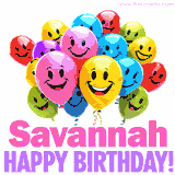 Animated colorful and joyful birthday balloons with cheerful smiles and a bright 'Happy Birthday Savannah!' message in pink and purple.